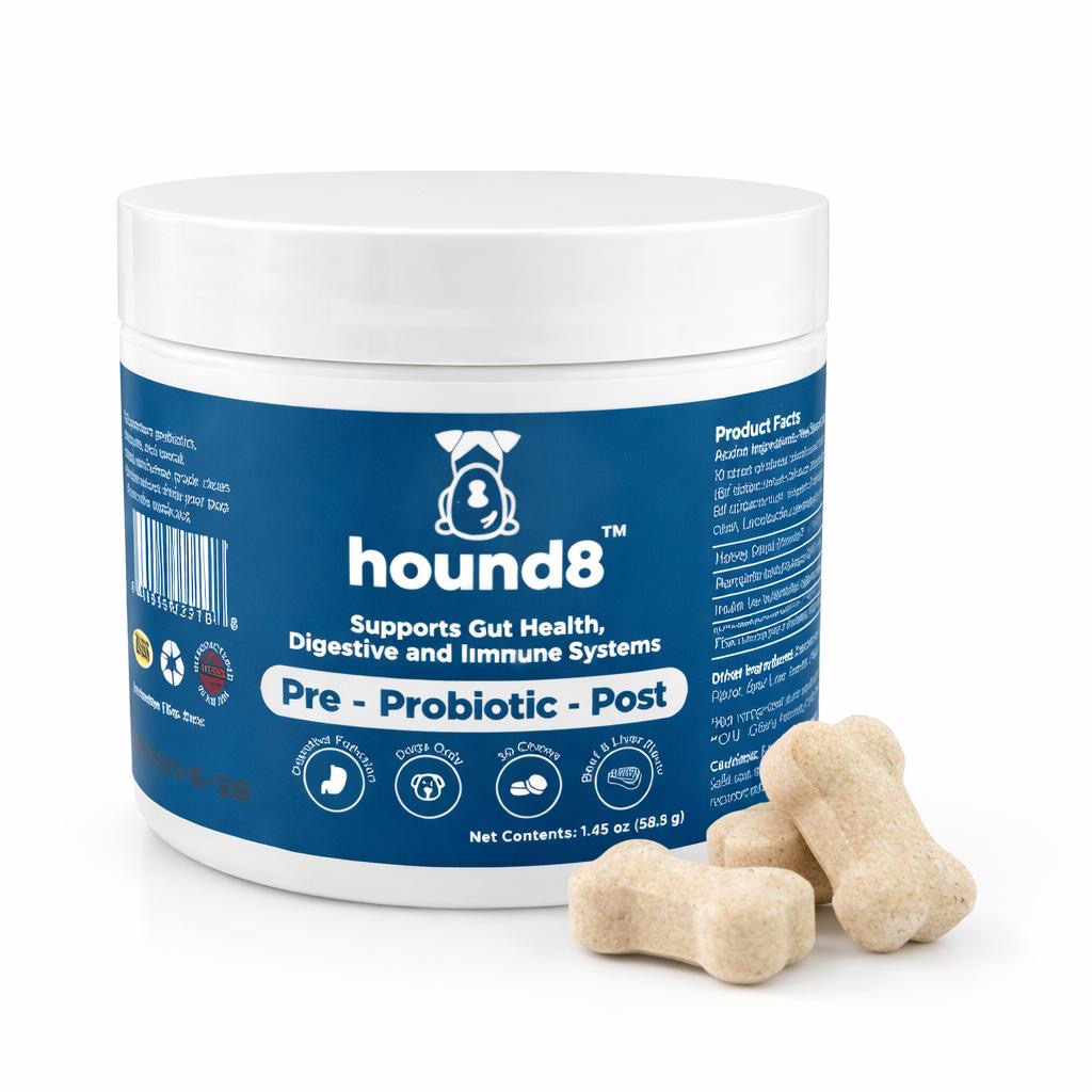 hound8 Gut Balance Chews for Dogs – Digestive & Immune Support – Low-Calorie Formula – 10 Probiotic Strains – 30 Chews