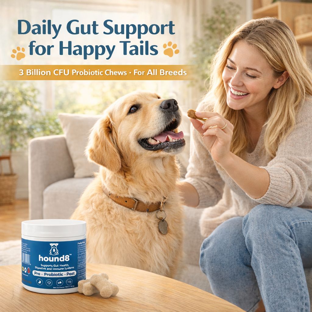 hound8 Gut Balance Chews for Dogs – Digestive & Immune Support – Low-Calorie Formula – 10 Probiotic Strains – 30 Chews
